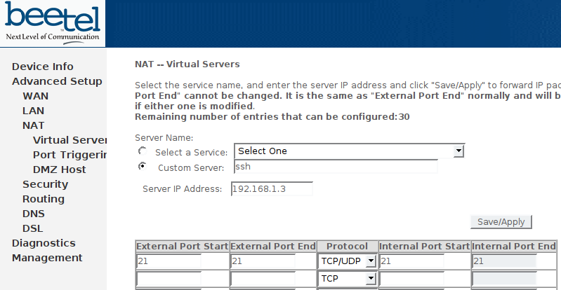 SSH port forwarding modem
setup